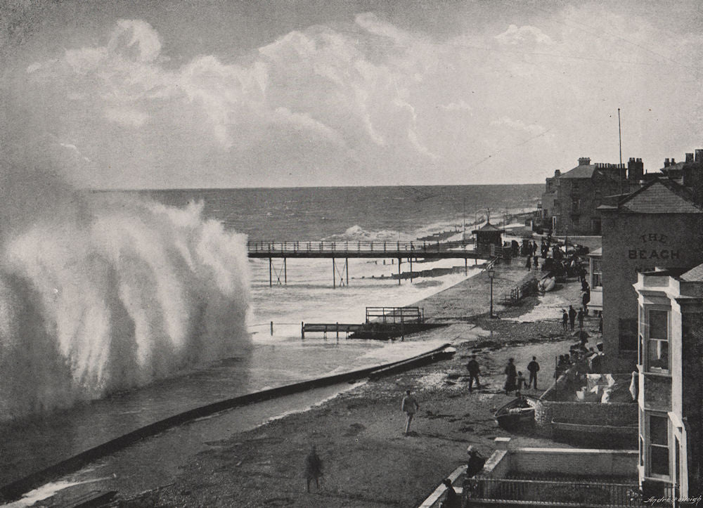 SUSSEX. A big sea at Bognor Regis 1900 old antique vintage print picture